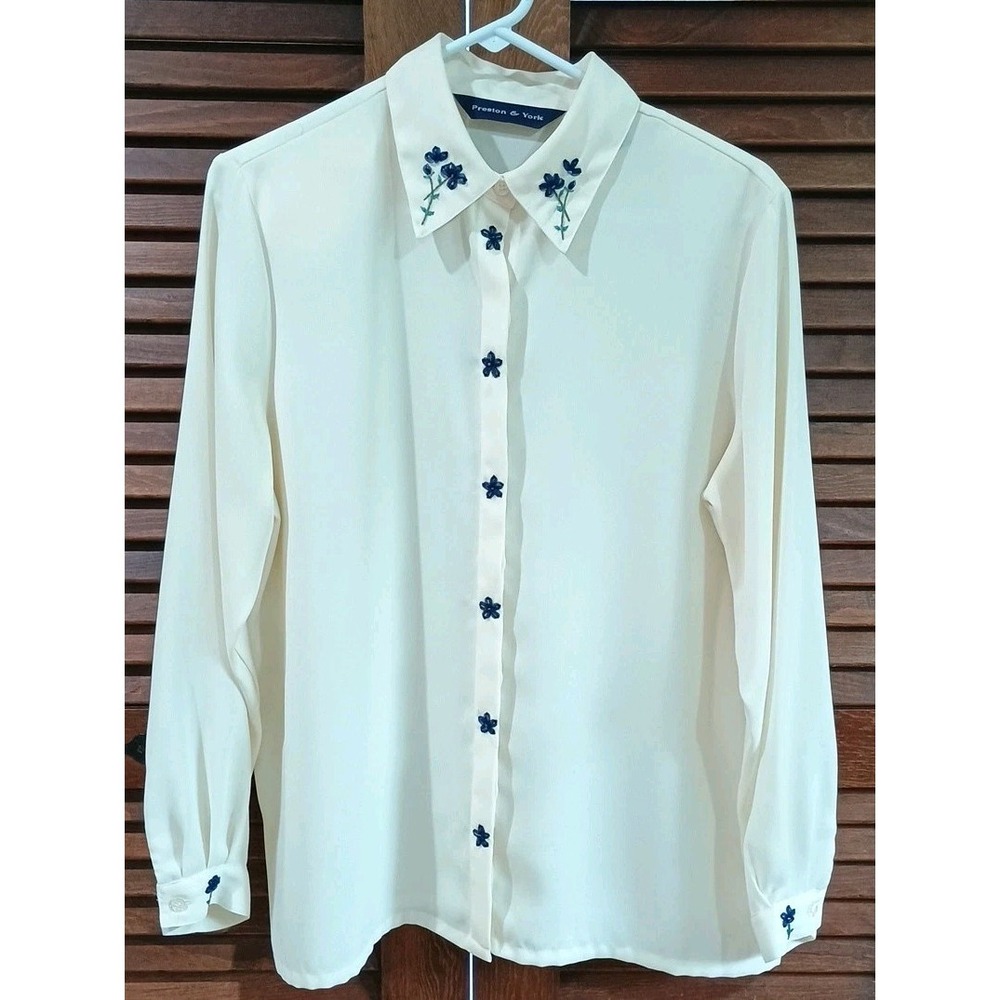 Vintage Preston & York Women SZ 12 Ivory Cottagecore Blouse Navy Flowers Dressy